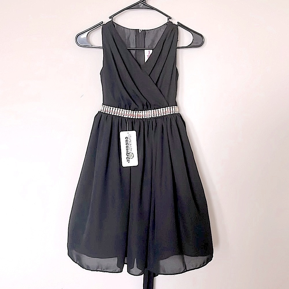 NWT Girl’s Size 8 Black Formal Dress with Jeweled Front Waist, Back Tie.